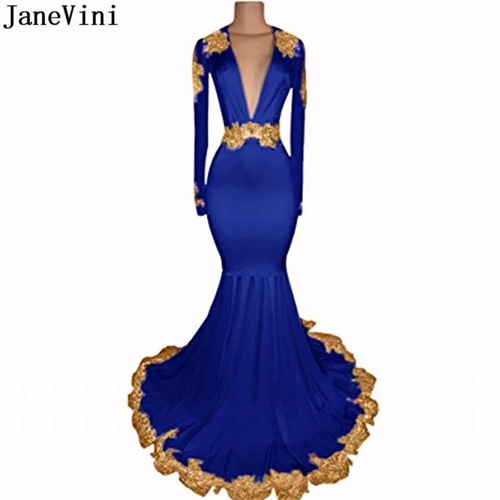 

JaneVini Sexy African Royal Blue Prom Dress Deep V Neck Mermaid Bridesmaid Dresses Gold Lace Long Sleeve Wedding Party Gown 2018