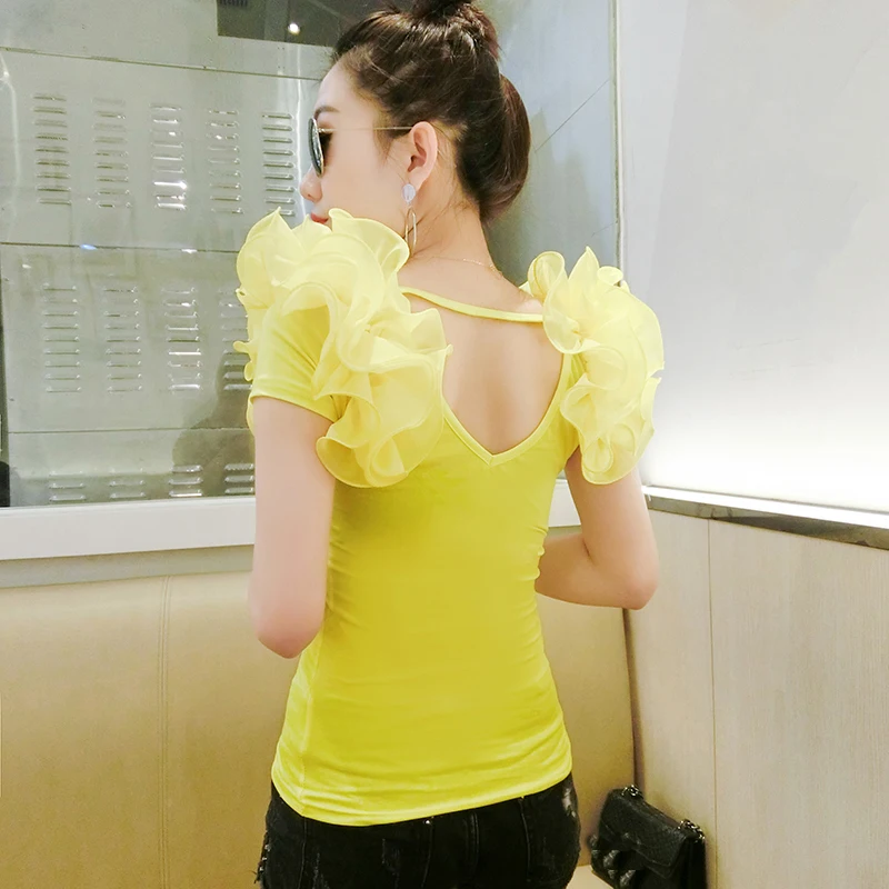 Женская футболка в стиле Харадзюку Повседневная Однотонная панк с оборками лето