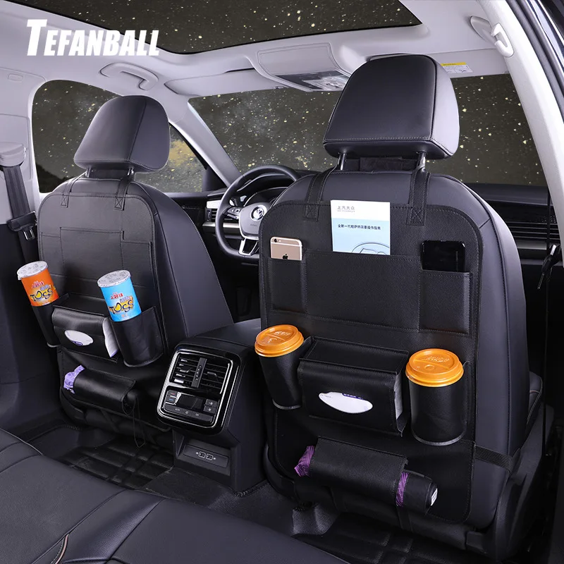 

Tefanball Car Seat Back Hanging Organizer Bag Universal Auto Multi-pocket PU Leather Pad Cups Storage Holder Bag Foldable Shelf