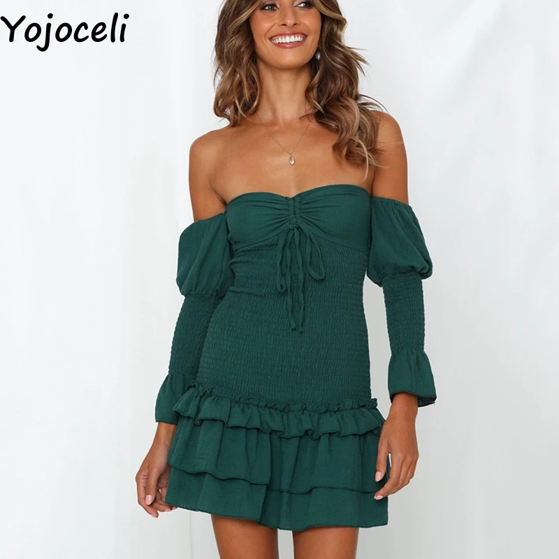 Yojoceli сексуальное элегантное короткое платье с рюшами женское осенне зимнее мини