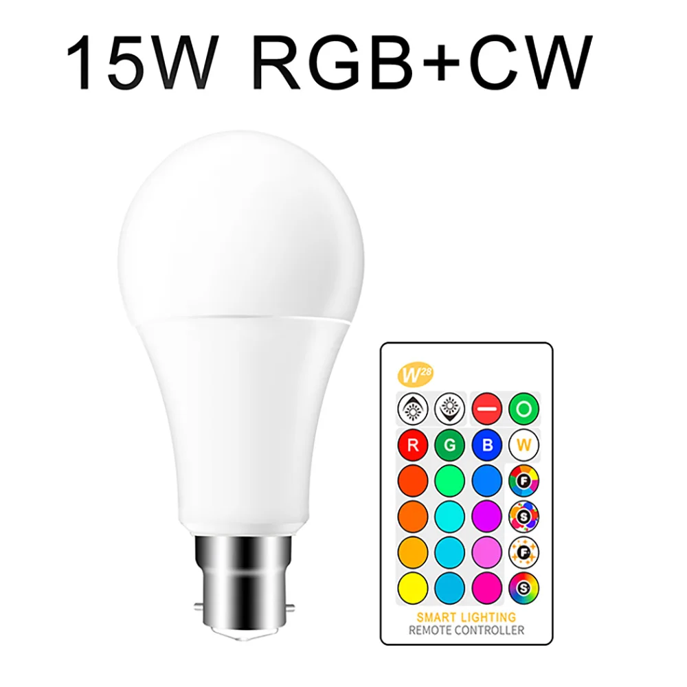 B22 15W RGB CW RGB светодиодный светильник E27 B22 с регулируемой яркостью, 16 цветов, меняющий магический светильник, 5 Вт, 10 Вт, 15 Вт, переменный ток, 110 В, 220 В, RGB+ белый ИК-пульт дистанционного управления, умная лампа - Испускаемый цвет: B22 15W RGB CW