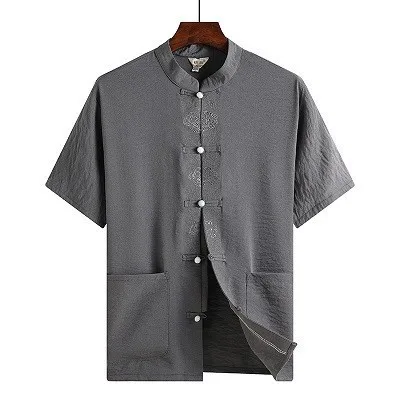 Dark grey shirt Sheng Коко Для мужчин; униформа для тайцзи костюм для выступлений человек Стенд куртка с коротким рукавом костюм Pankou Mianma удобные китайский Комплекты одежды - Цвет: Dark grey shirt