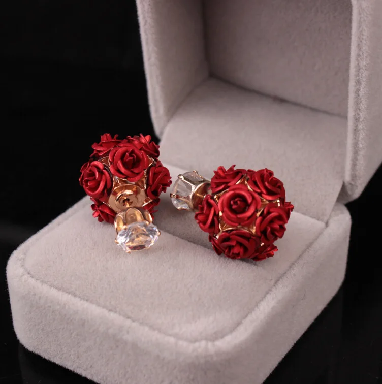 Мода двойными бортами розы серьги золотые Кристалл циркония Цветочная короны