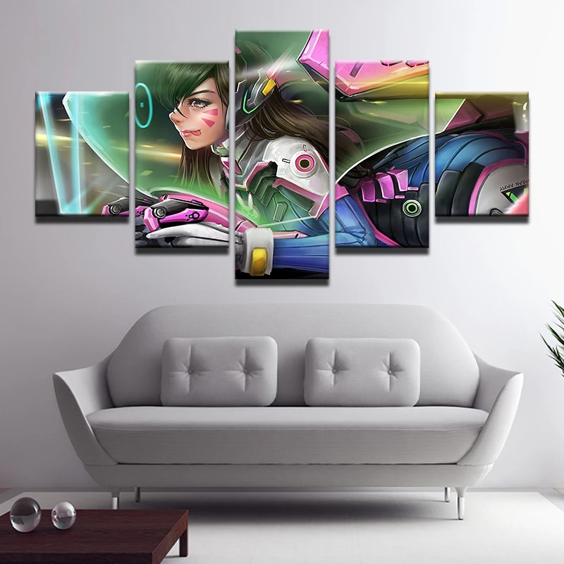 Overwatch D.VA настенное искусство 5 панелей Холст Картина Куадрос Настенный декор игра
