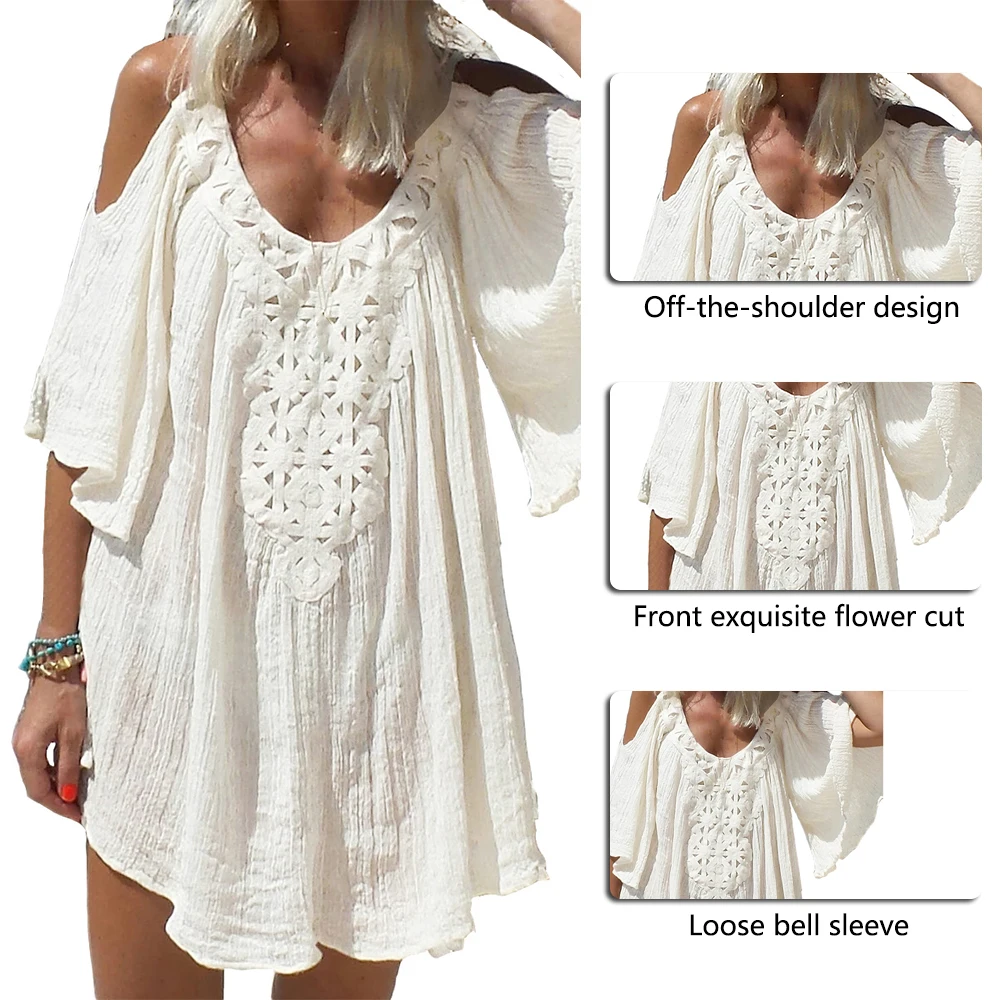 2019 летнее Новое Женское кружевное пляжное платье белое с открытыми плечами