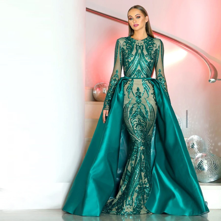 

Long Sleeve 2 Pieces Gown in Emerald Green Prom Dress Style 1705 with Detachable Skirt Saudi Arabia Paillette Evening Gowns