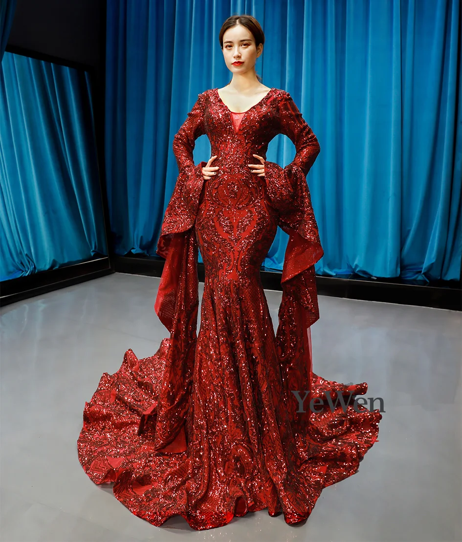 Красное роскошное вечернее платье Vestidos De Fiesta De Noche, сексуальное вечернее платье с v-образным вырезом, Длинное Элегантное официальное платье русалки YM20250