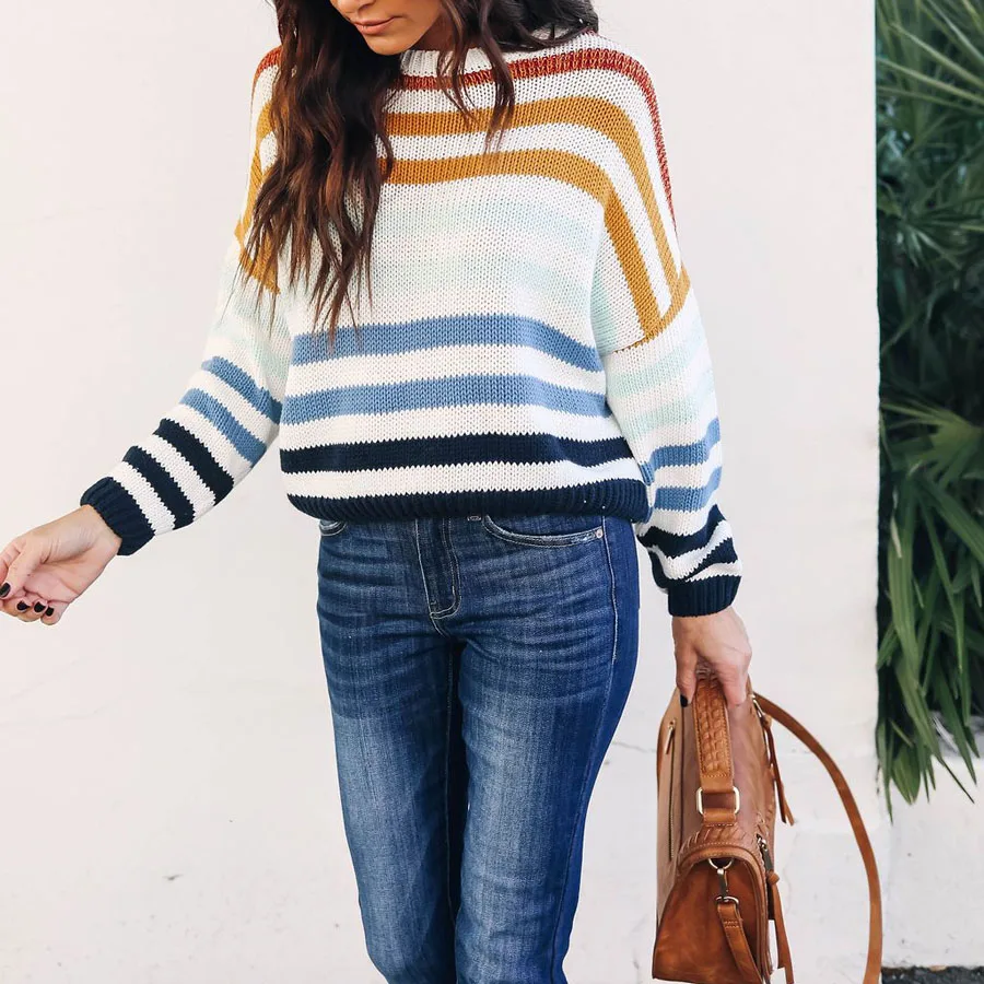 

Stripe Women Ribbed Sweater Autumn Winter Long Sleeve Crew Neck Contrast Color Striped Knit Pullover Jumpers Sweaters Femme 2019