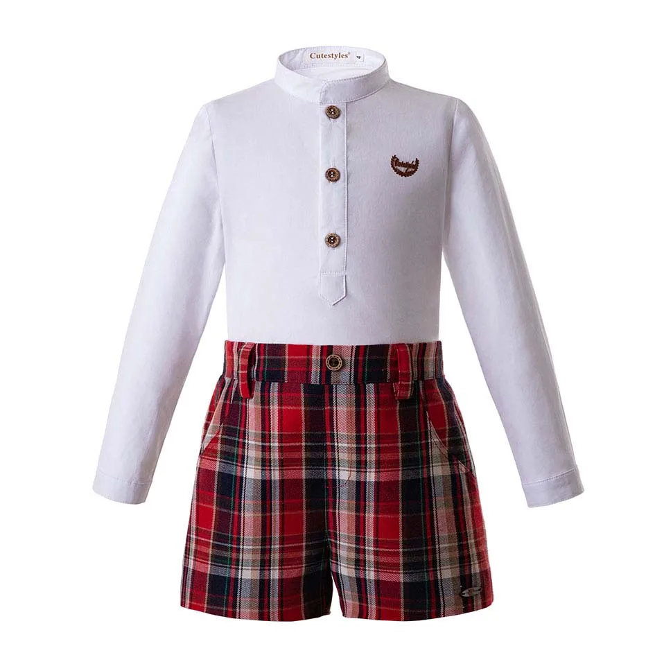Cutestyles Autumn Boys Clothing Sets White Shirt And Wine Red Grid Shorts Boutique Party Children Outfit B-DMCS107-C64 |