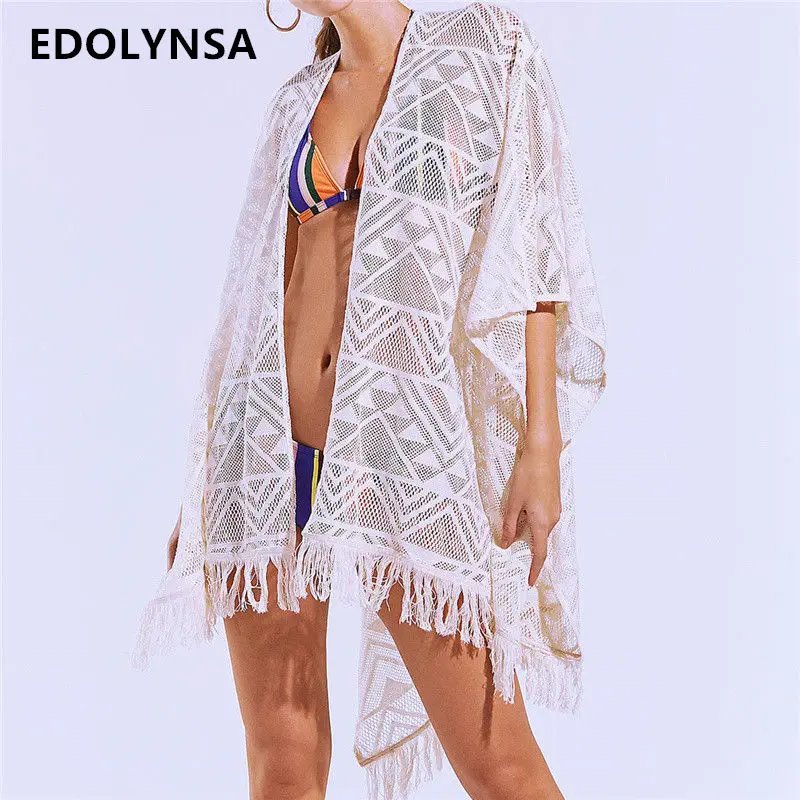 Boho вышивки кружева кисточкой кимоно прозрачный половина рукав Передняя Открыть