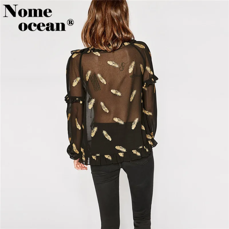 GOLDEN FEATHERS TOP Drawstring Lace-up Bow Collar Women Shirts 2017 Autumn Long Sleeve Blouses Gold Feather Print Top M17112401 |