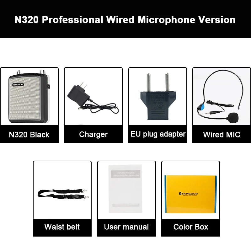 N320 BLACK 20 Вт Портативный беспроводной голосовой усилитель, наружный речевой динамик, UHF беспроводной микрофон, усилитель, FM радио, громкий динамик, запись - Цвет: N320 BLACK