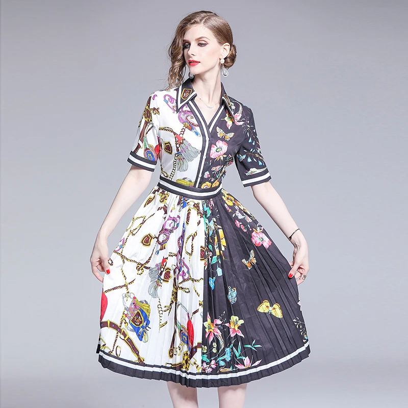 2019 new women's dresses with Print and Pleated dress Streetwear V-Neck | Женская одежда