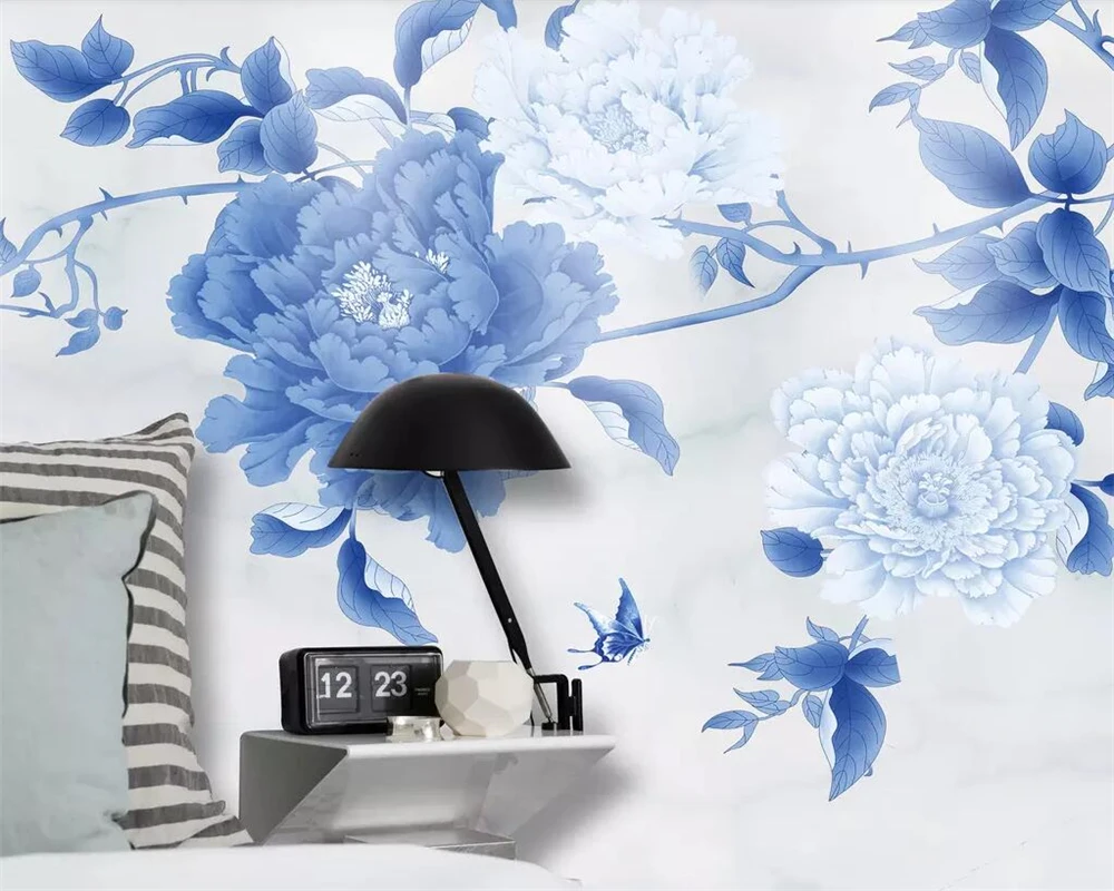 Beibehang Custom wallpaper Chinese Hand-painted pen Peony Birds and flowers Marble TV backdrop Home Decoration 3d | Обустройство дома