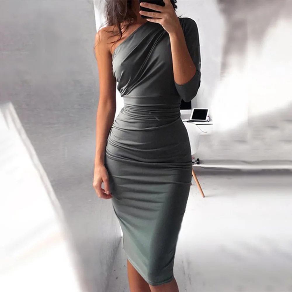 На Одно Плечо плюс размеры для женщин пикантные платья для Bodycon Элегантный Половина рукава по колено Вечерние вечернее платье женщи - Цвет: Серый