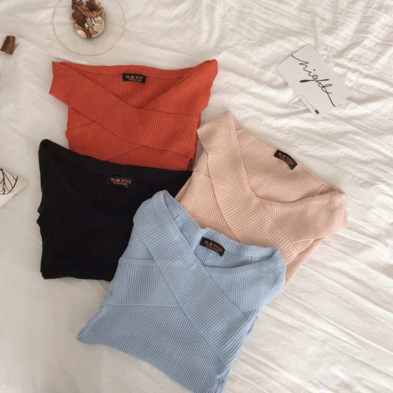 Casual Ribbed knitted Slash Neck sweater women Skinny slim femme jumper Crop top winter tricot pullover | Женская одежда