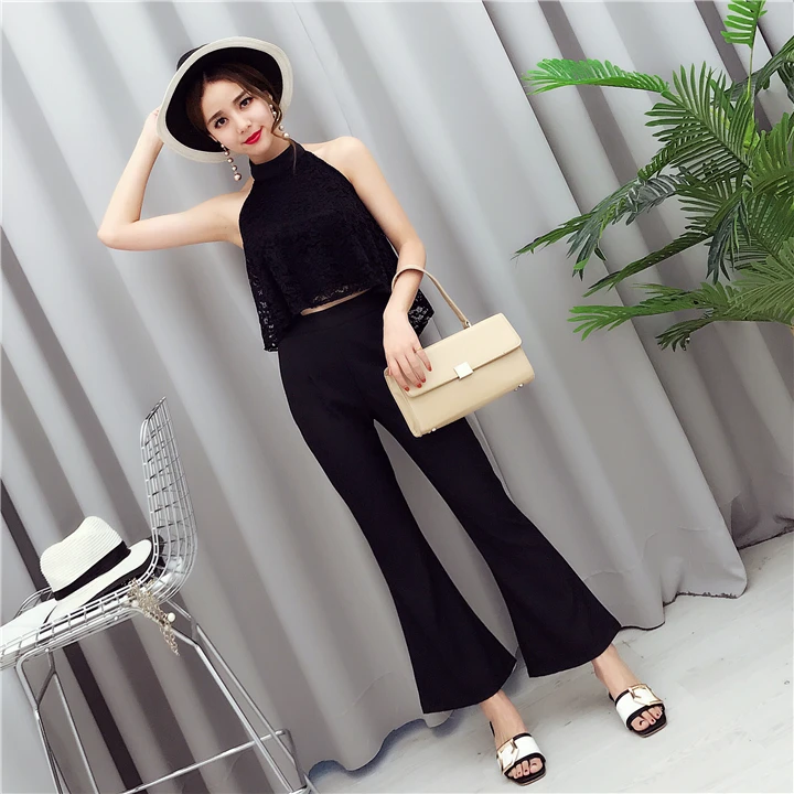 Женский кружевной комплект из блузки с лямкой на шее и длинных брюк|trousers set|set