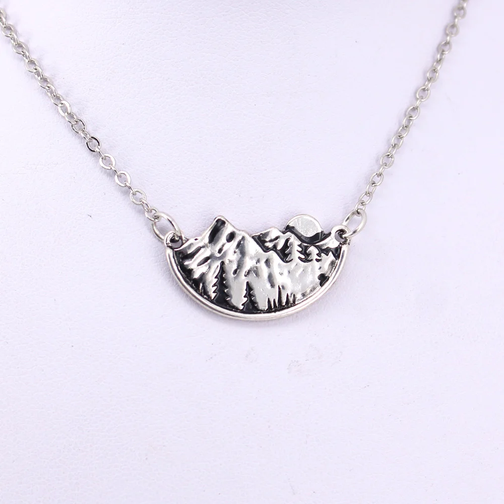

hzew adventure awaits mountain landscape pines pendant necklace mountain moon necklaces