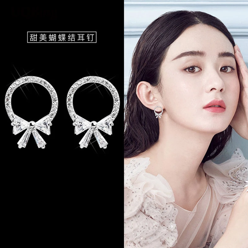 Женские серьги-гвоздики с круглым бантом, Серебристые серьги с цветными кристаллами, 2018