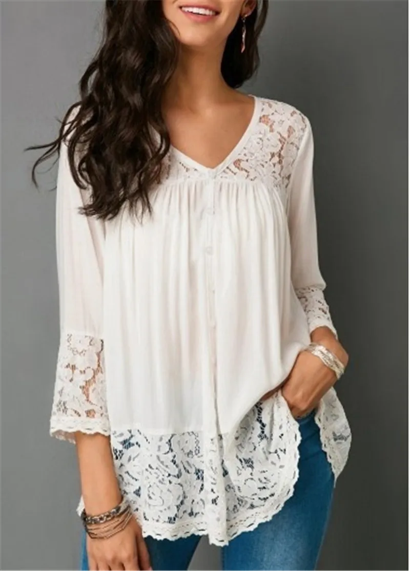 Womens Long Sleeve Splice Shirt Women Button Tunic Top Casual Loose Patchwork Lace Blouse Pullover 5XL |