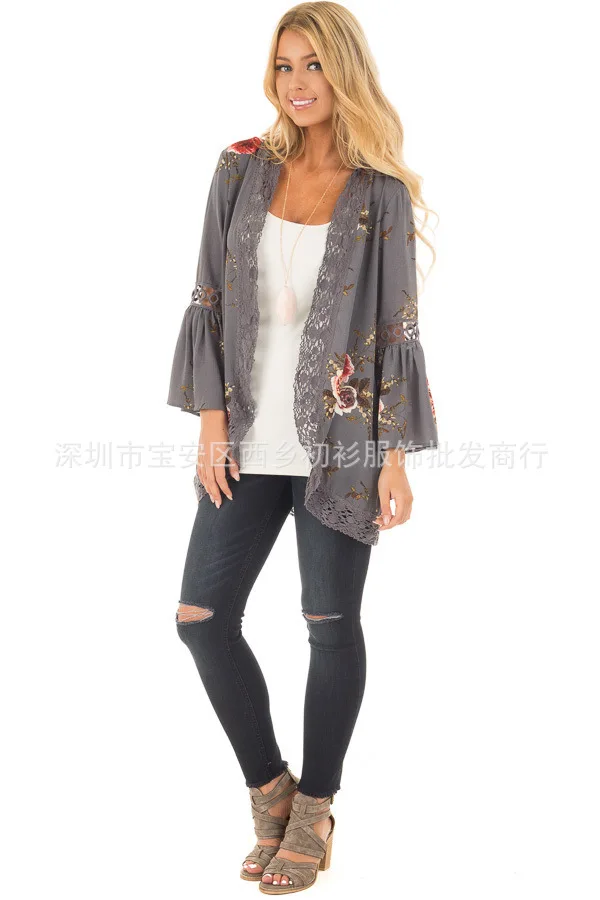 Женское шифоновое пальто с рукавом 3/4 и цветочным принтом|kimonos ladies|print kimonocrochet lace |