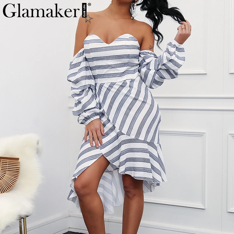 Женское платье в полоску с открытыми плечами Glamaker летнее русалки оборками