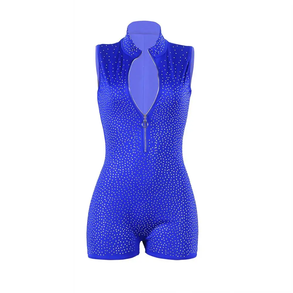 

Hot Drilling Rhinestones Sexy Nightclub Women Playsuit Stand Collar Zipper V-Neck Solid Color One-Piece Shorts Rompers Female