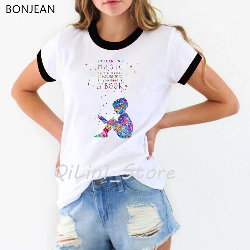 Watercolor reader kids print t shirt women harajuku kawaii tee femme white o-neck short sleeve t-shirt female streetwear | Женская