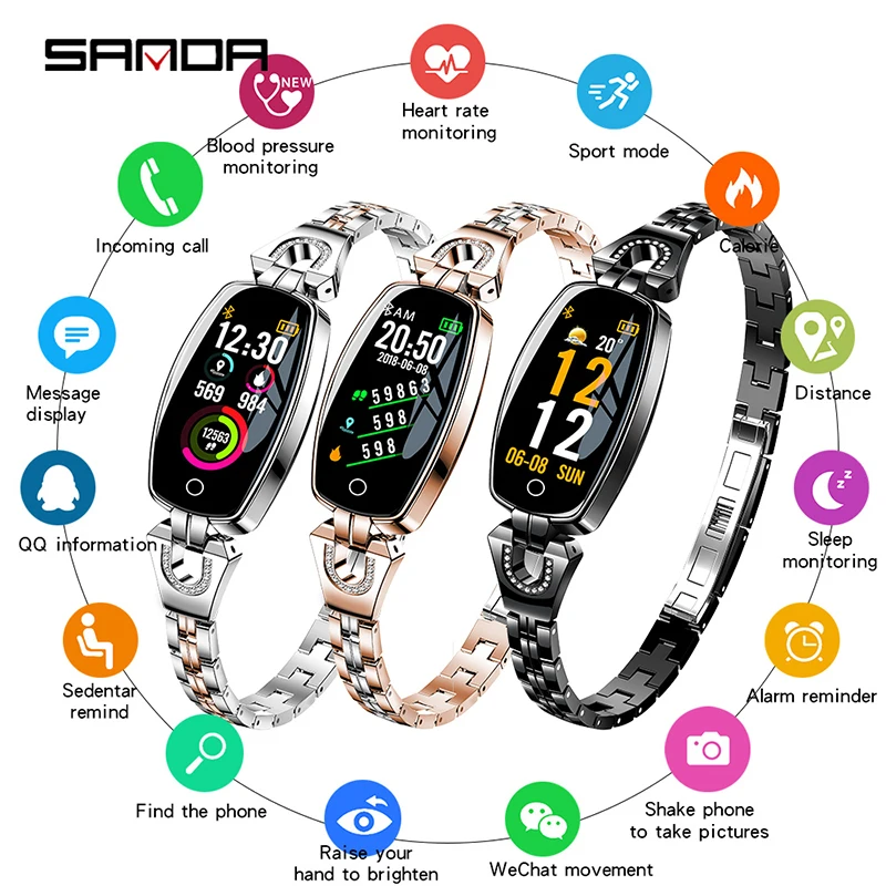 SANDA женские модные Смарт часы с браслетом Bluetooth пульсометром и монитором сна
