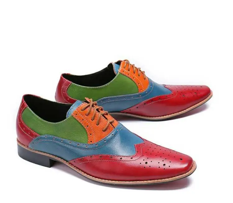

Genuine Leather Pointed toes male shoes dress men smart casual mix colour carved lace-up flats height increasing Brogue shoes