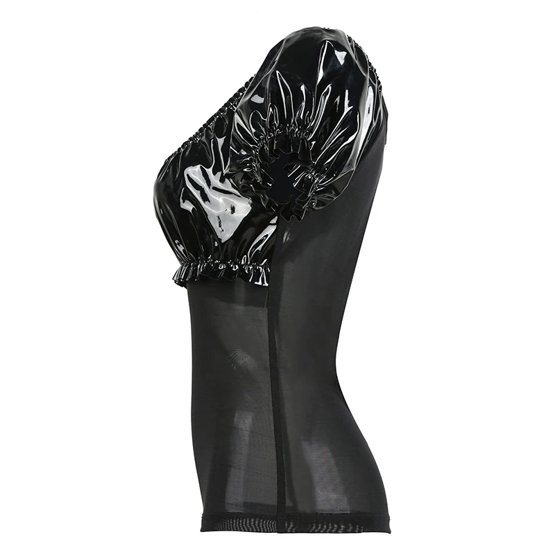 Женский топ из ПУ кожи с коротким рукавом фонариком|tee top|black topsee through black top |