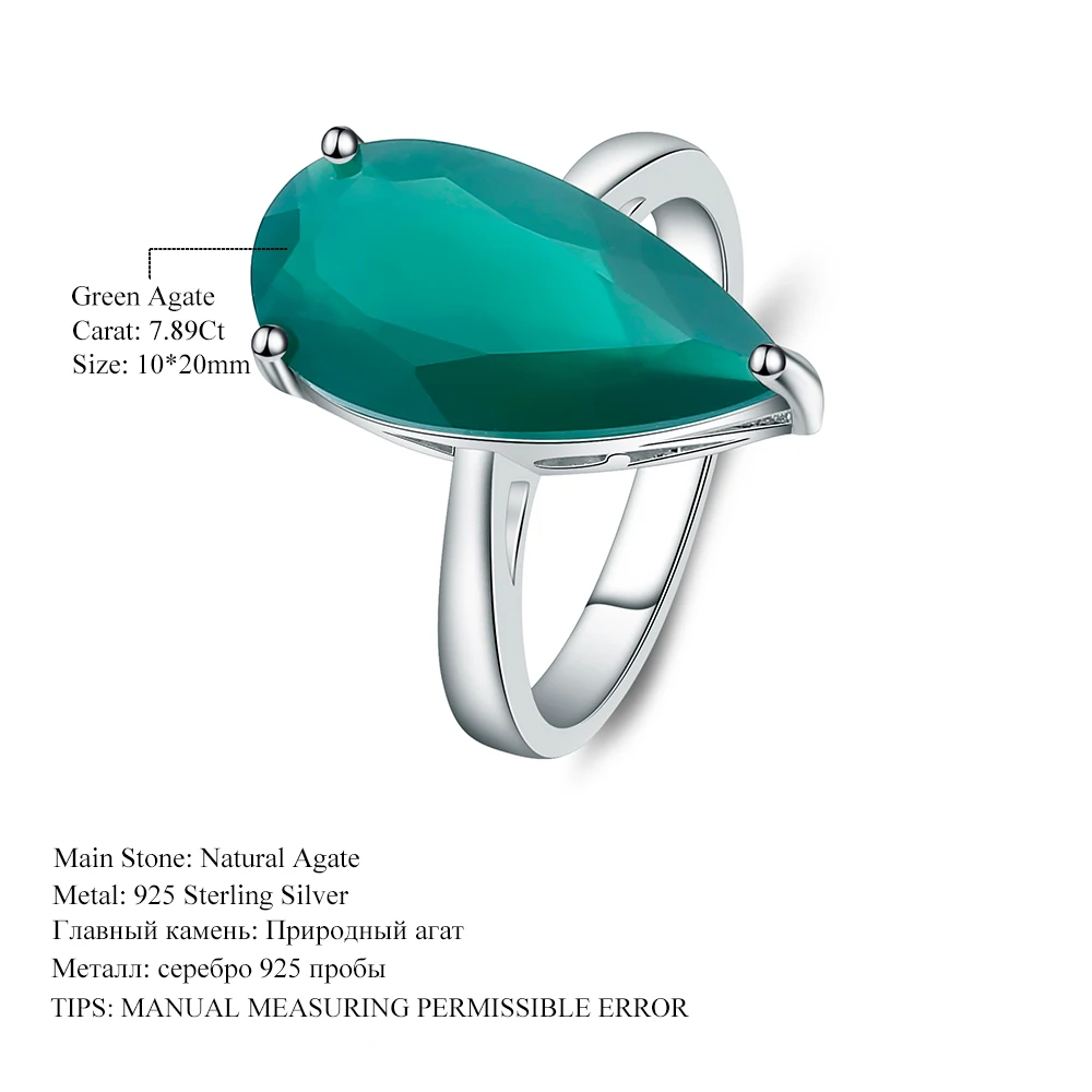 Gem's Ballet 7.89ct натуральный зеленый агат капли воды, кольца, Настоящее серебро 925 пробы, свадебные украшения для женщин