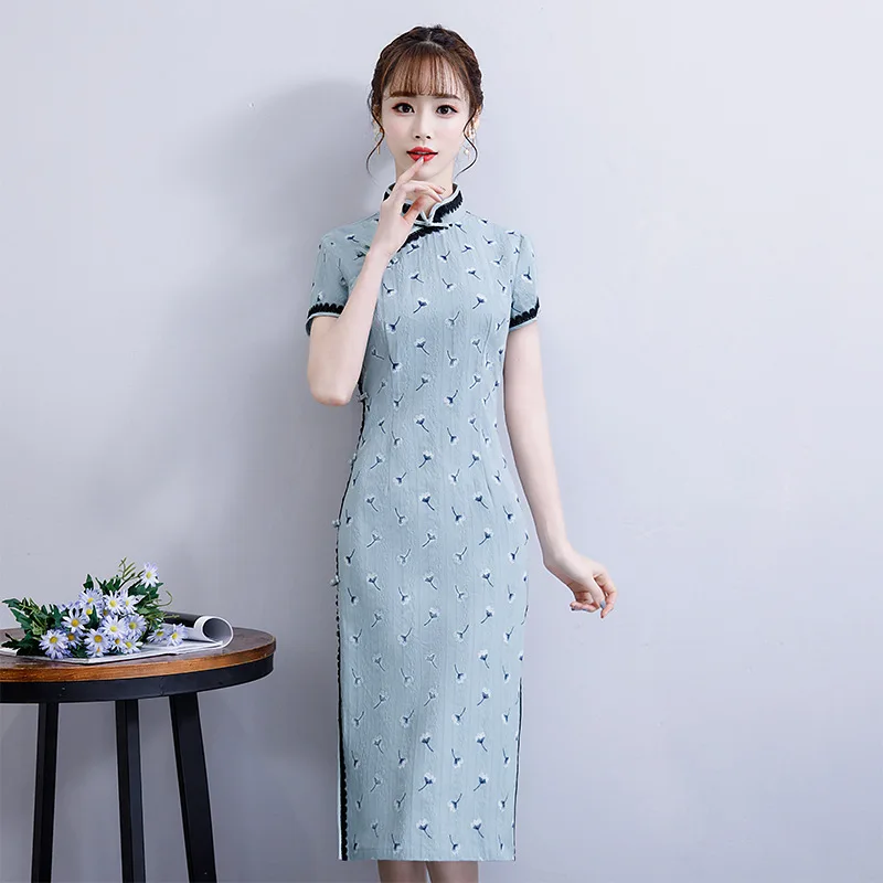 2019 женские летние короткие Cheongsam модная обувь в китайском стиле Платье до колен