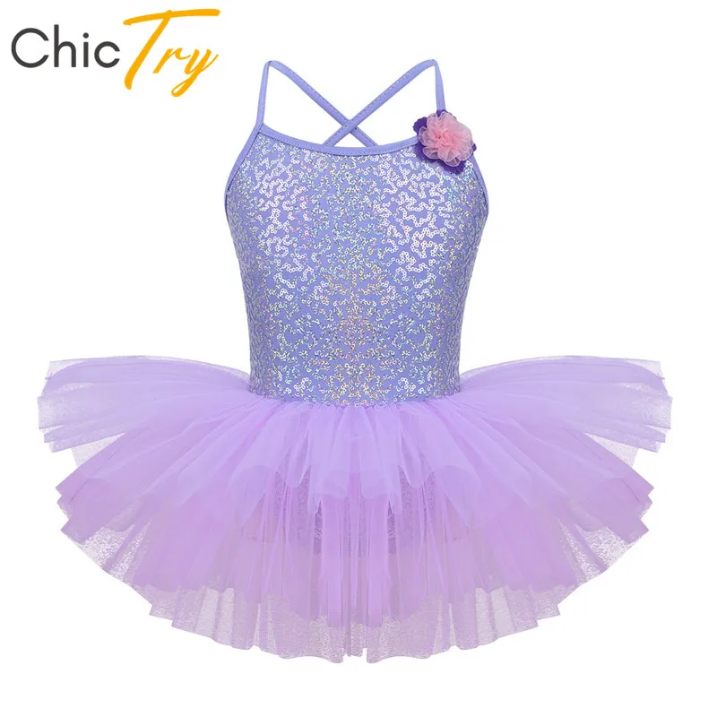 

ChicTry Girls Sequins Lavender Ballet Tutu Dance Mesh Dress Spaghetti Straps Kids Ballet Leotard Stage Performance Dance Costume