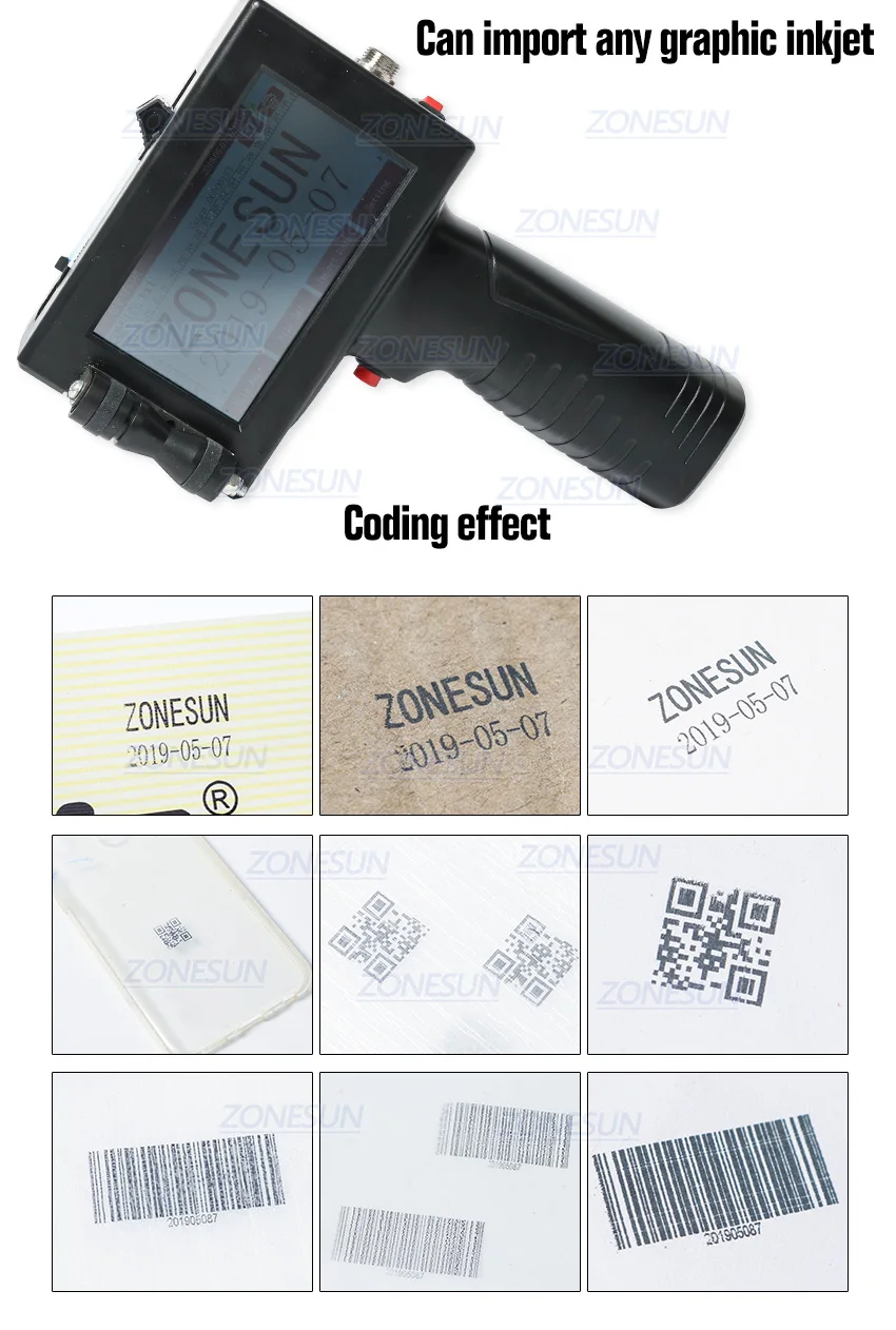 ZONESUN сенсорный экран ручной Интеллектуальный USB QR 360 градусов струйный принтер кодировочная машина для коробки резиновый металлический срок годности