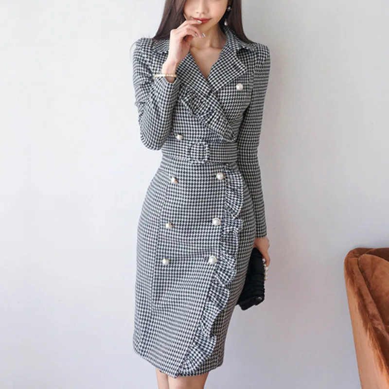 

Autumn 2022 New Women Spring Korean OL Temperament Slim Houndstooth Double Breasted Ruffle Dress Plaid Dresses Women QH228