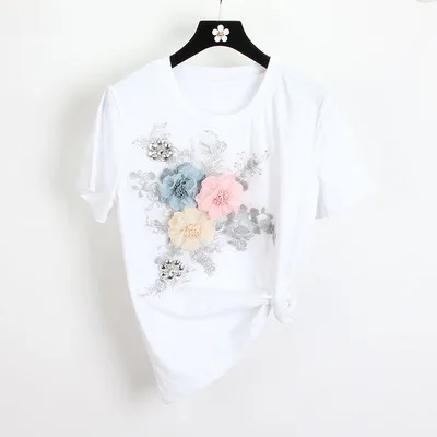 whitet shirt LUOSHA, женская летняя футболка, 2 шт., стильная вышивка, 3D цветок, короткий рукав, футболка+ тяжелая работа, джинсовый костюм с дырками - Цвет: whitet shirt