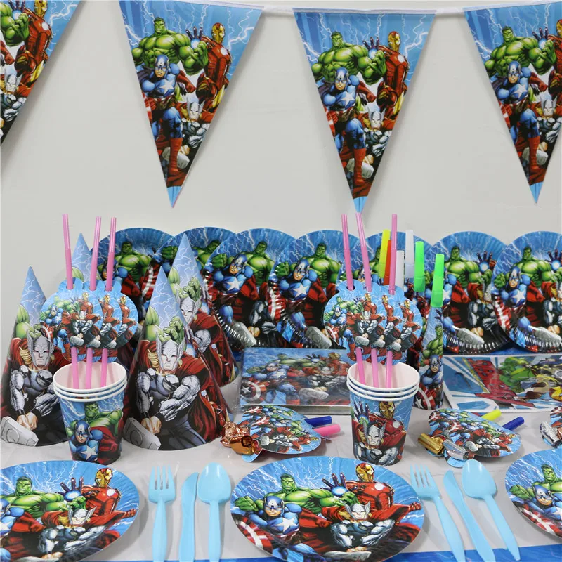 20 person use paper plate cup napkin banner 61pcs/lot kids girl happy birthday party decoration supplies favor cartoon avenger |