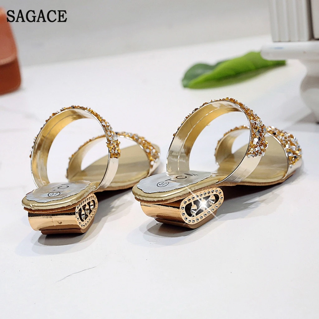 SAGACE женские пляжные сандалии на низком каблуке с блестками пикантные однотонные