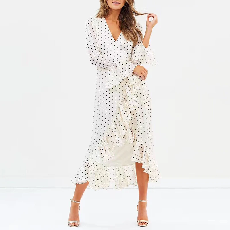 Женское платье в горошек Корейском стиле с v образным вырезом длинным