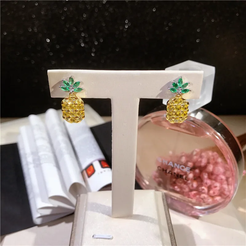 2017 new fashion S925 sterling silver exquisite craft pineapple earrings lovely yellow zircon stone fruit women's | Украшения и