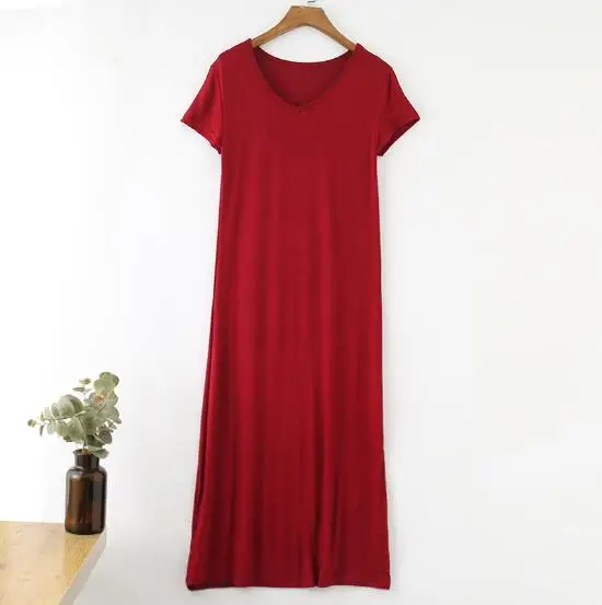 wine red Новое платье, женские летние Ночные рубашки с коротким рукавом, повседневная одежда для дома, хлопковая длинная ночная рубашка с v-образным вырезом, женская ночная рубашка - Цвет: wine red