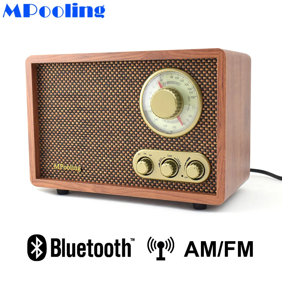 Винтажное классическое настольное радио MPooling из дерева AM/FM с Bluetooth встроенным