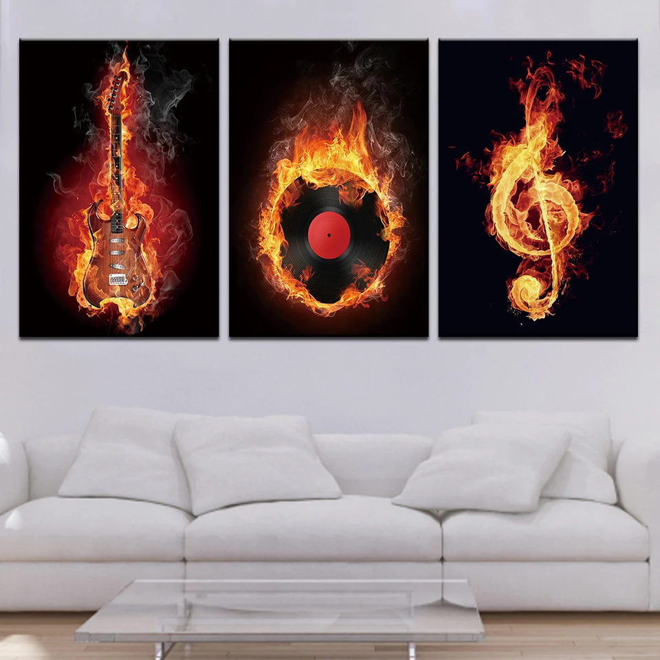 3 предмета Wall Art Изображение пламя игровая музыка гитара холст для живописи