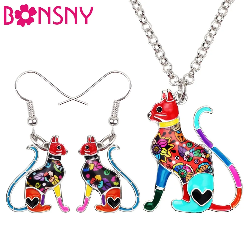 

Bonsny Enamel Alloy Elegant Sitting Kitten Cat Earrings Necklace Jewelry Sets For Women Girls Teens Gift Statement Bijoux Charms