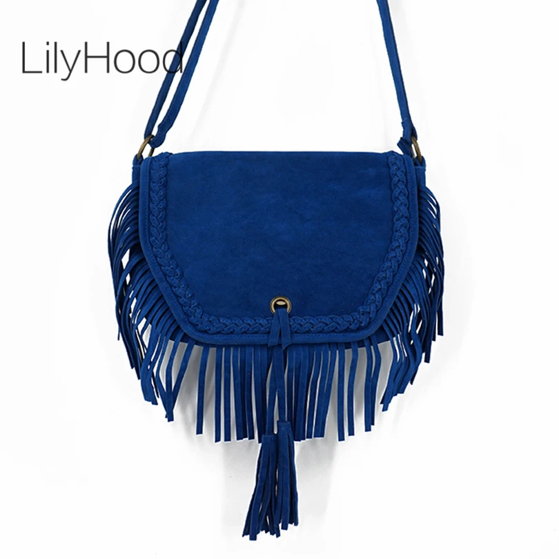 Сумка LilyHood 2021 из искусственной замши ярко синего цвета с бахромой женская сумка