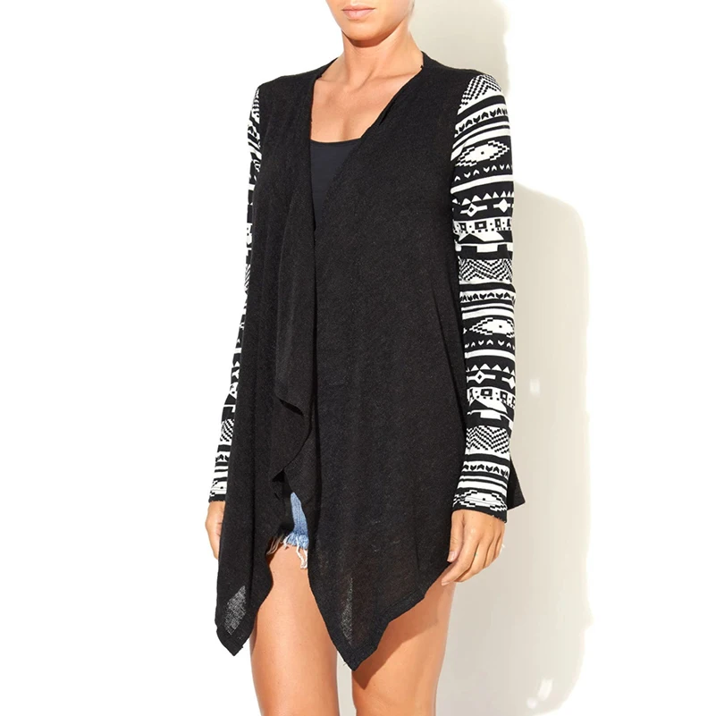 Вязаный геометрический принт женский кардиган с ажурным узором пэчворк длинный