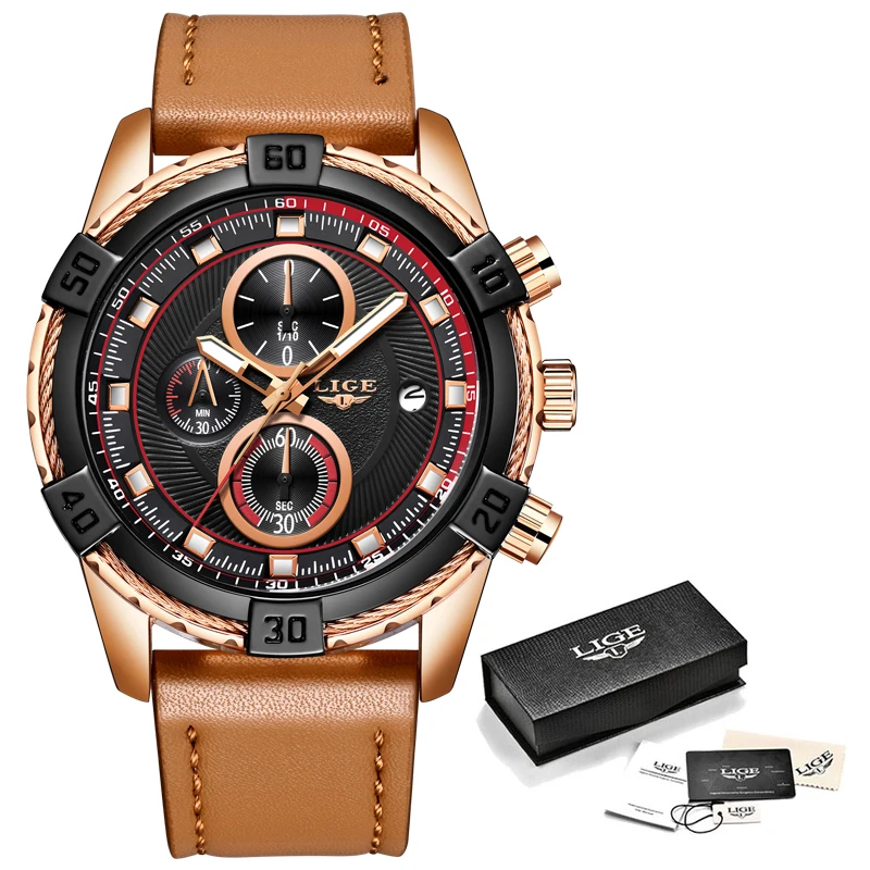 

2019 LIGE Mens Watches Top Brand Luxury Fashion Sport Waterproof Watch Men Casual Leather Army Military Chronograph Gift for Man