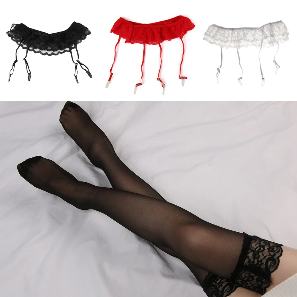 

1Set Fashion Women Sexy Lace Soft Top Thigh-Highs Stockings + Suspender Garter Belt Summer Lady Black Solid Stocking Set