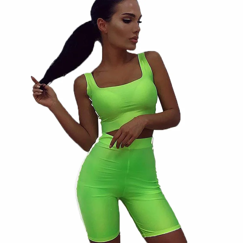 

Navel sexy vest high waist tight shorts reflective Streetwear Women 2 piece set plus size Sleeveless tank top and shorts a116